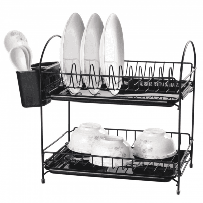 Στεγνωτήριο πιάτων Rosberg R53000E, 34 cm, Με 2 δίσκους, Θήκη για μαχαιροπίρουνα, Μαύρο